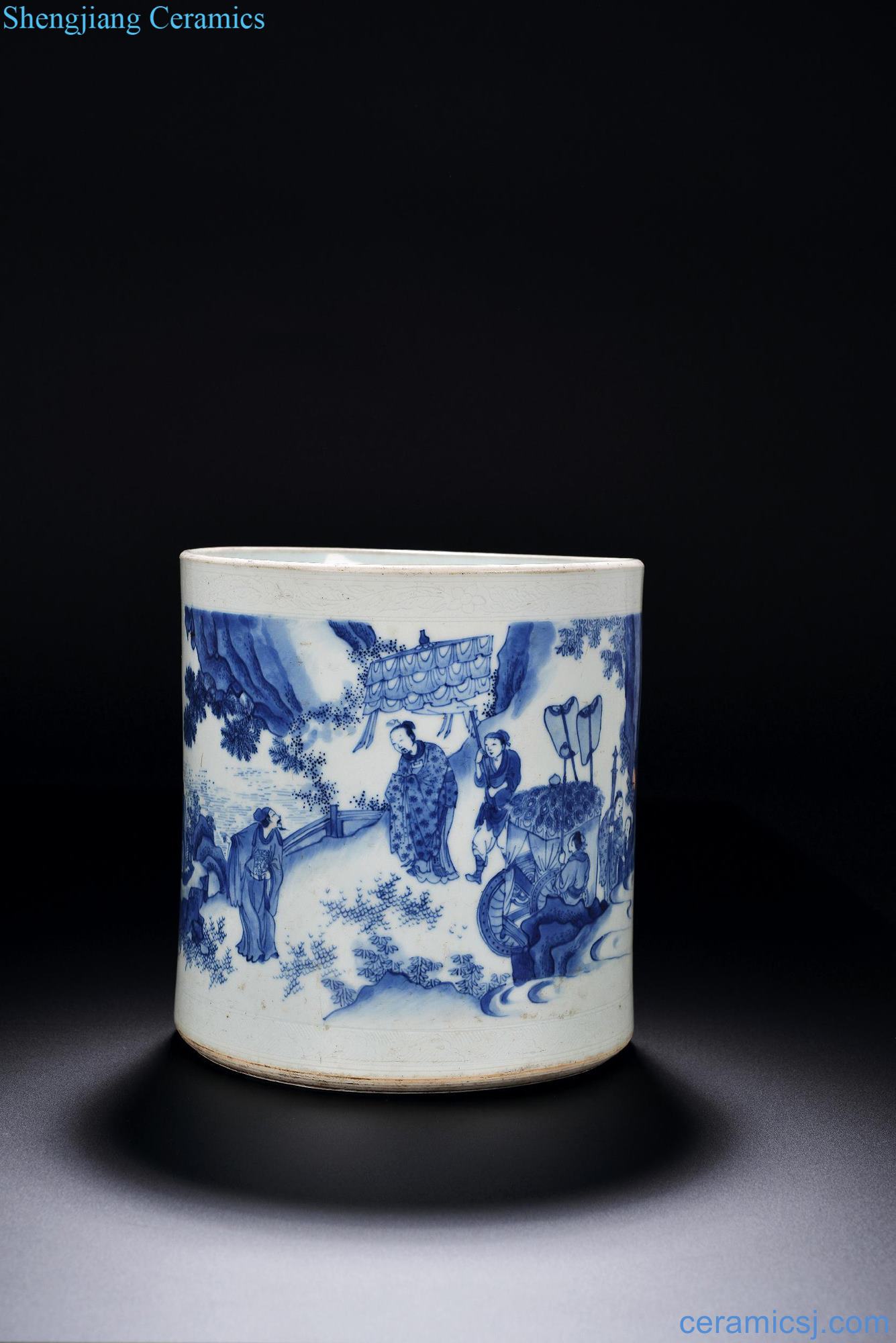 Ming chongzhen Blue and white Wen Wangfang xian story figure pen container