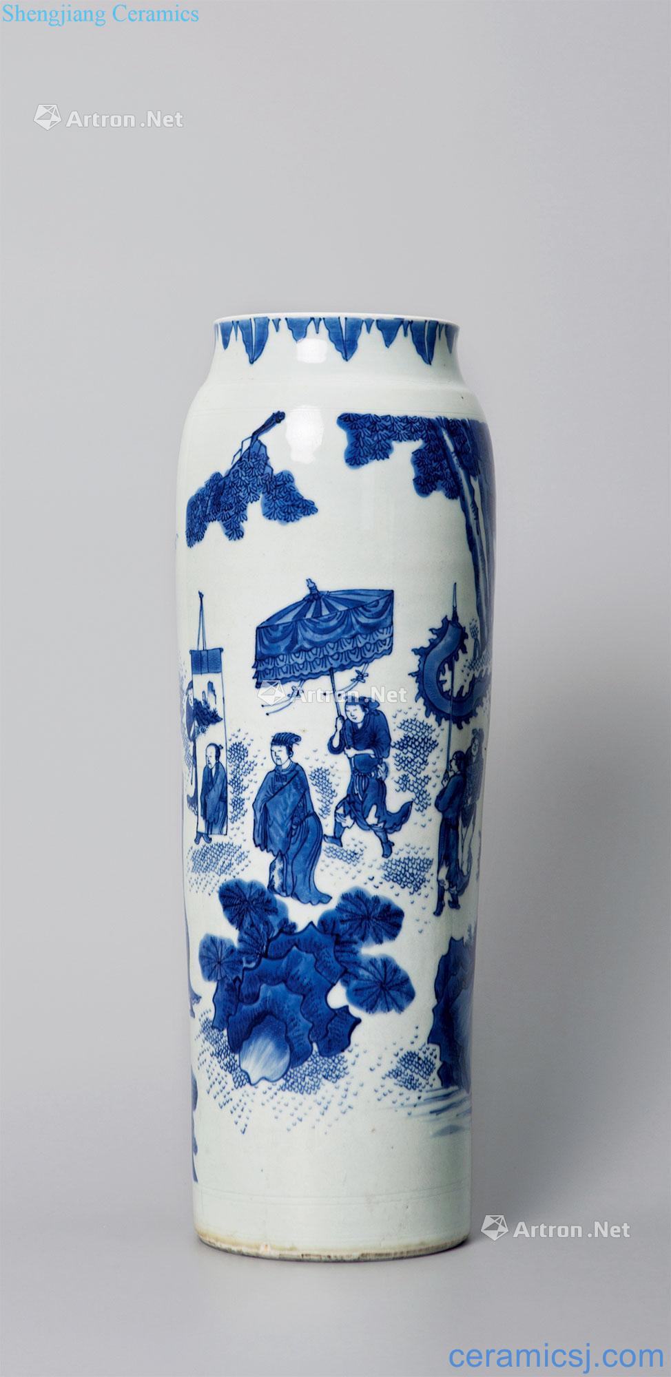 Ming chongzhen Blue and white figure mud brick seeking a cylinder bottles