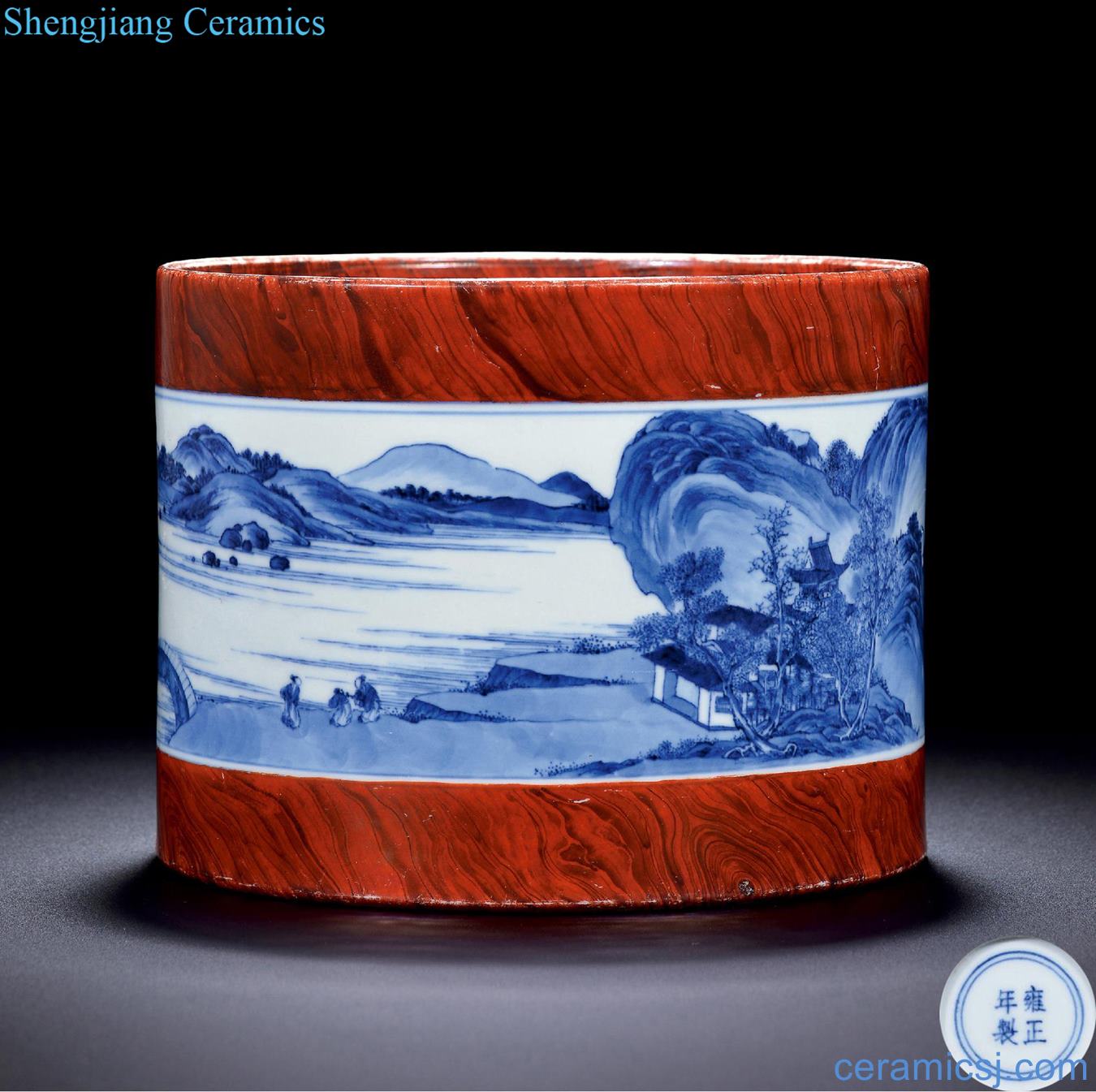 Qing yongzheng imitation wood grain glaze blue and white landscape character brush pot