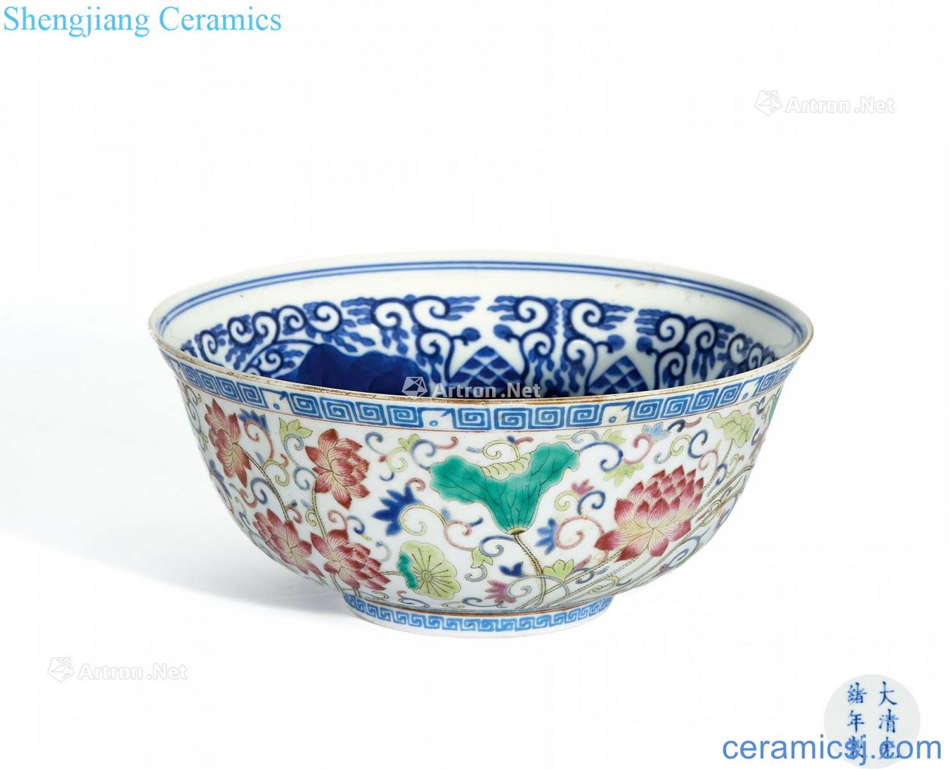 In the reign of qing emperor guangxu outside pastel blue and white lotus flower green-splashed bowls
