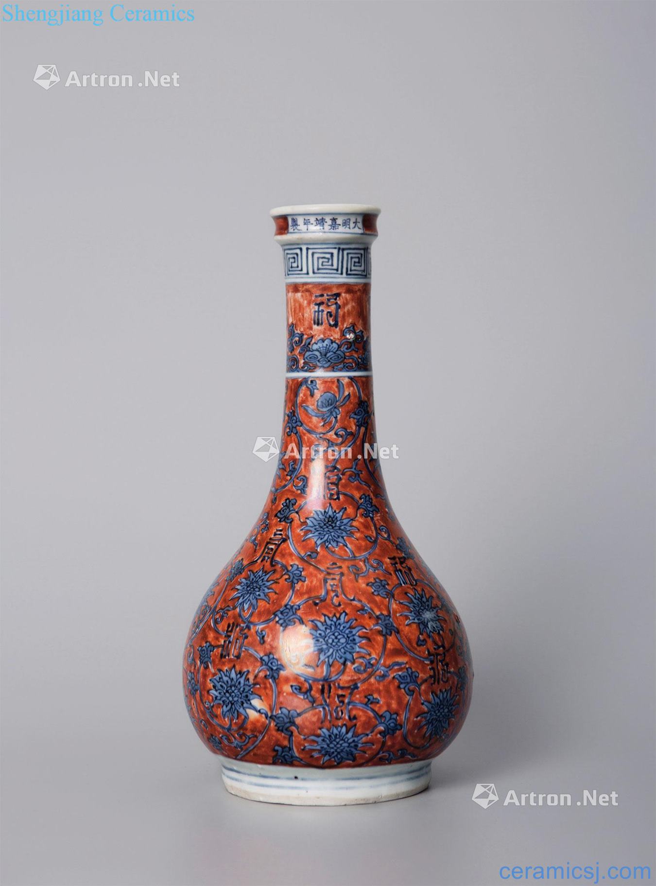 Ming jiajing Blue and white alum red tie up branch grain bottle