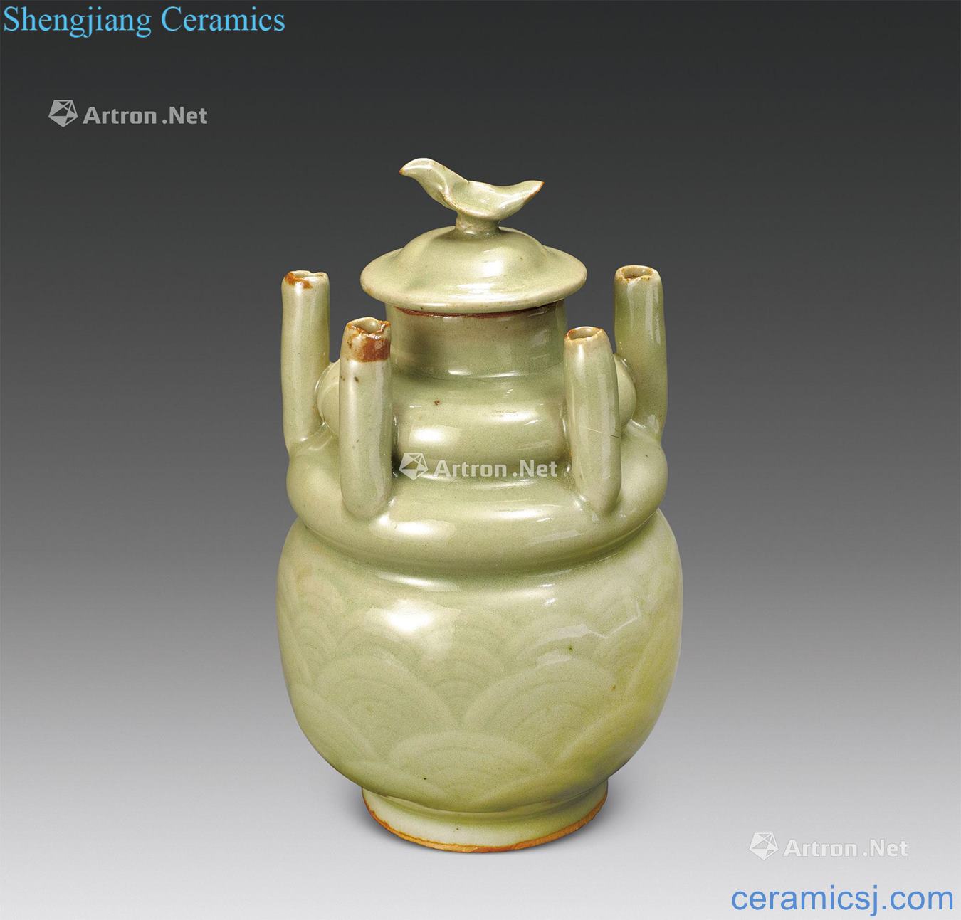 The song dynasty Longquan celadon water hill five tube bottles