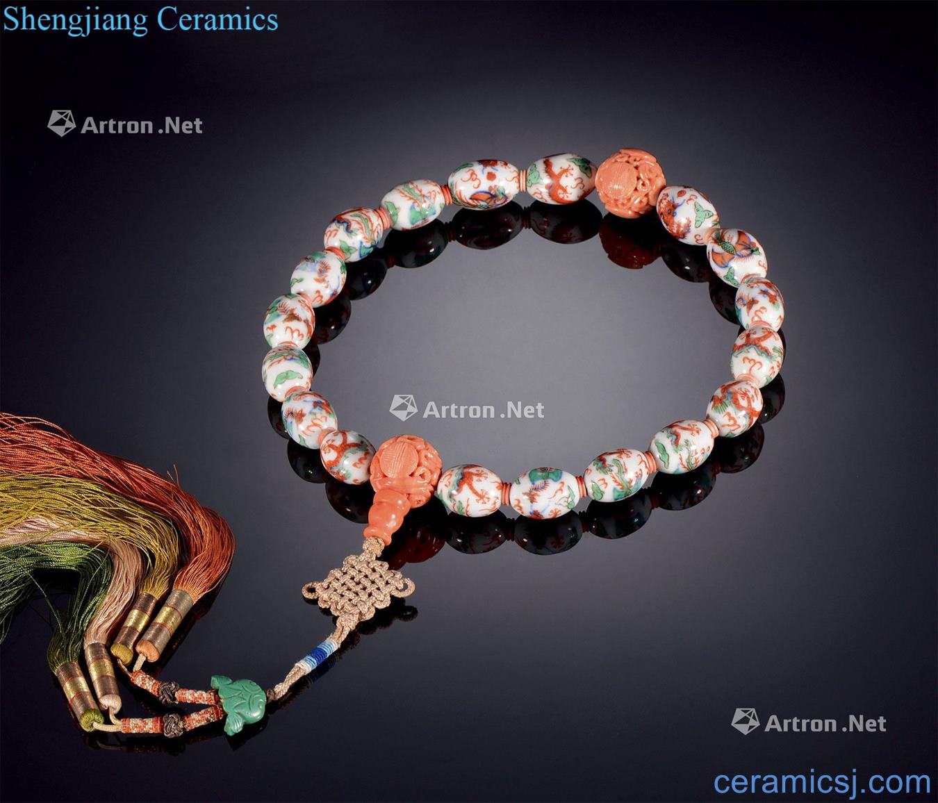 In the qing dynasty Colorful longfeng grain olive shape bead 18 son hand string (coral bead)
