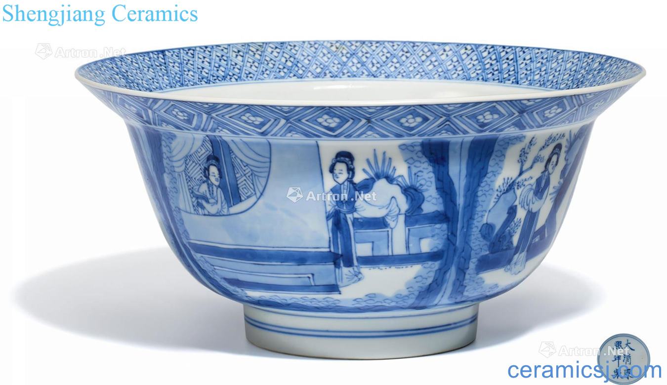 The qing emperor kangxi in the 18th century Blue and white stories of west chamber grain fold along the large bowl