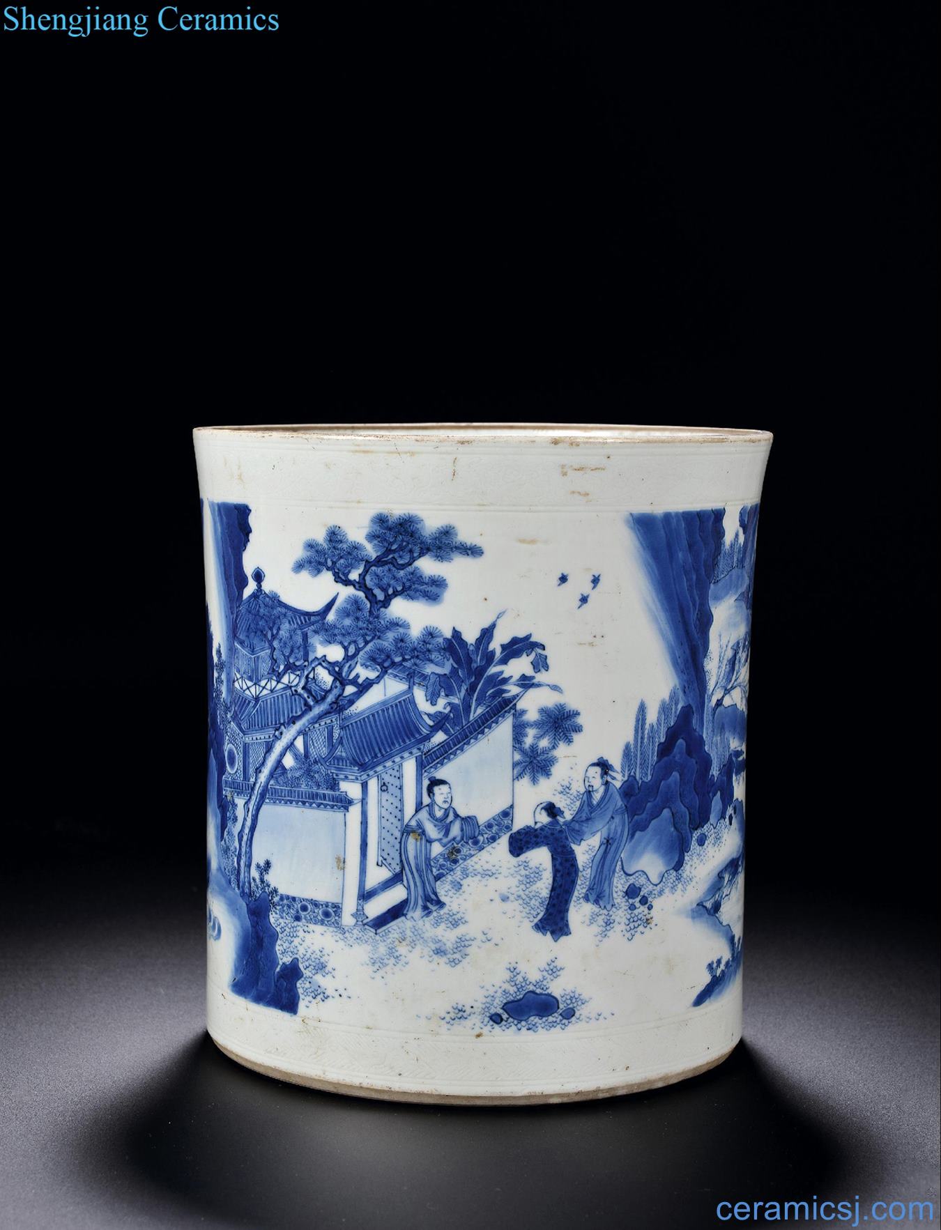 Ming chongzhen Stories of blue and white big brush pot