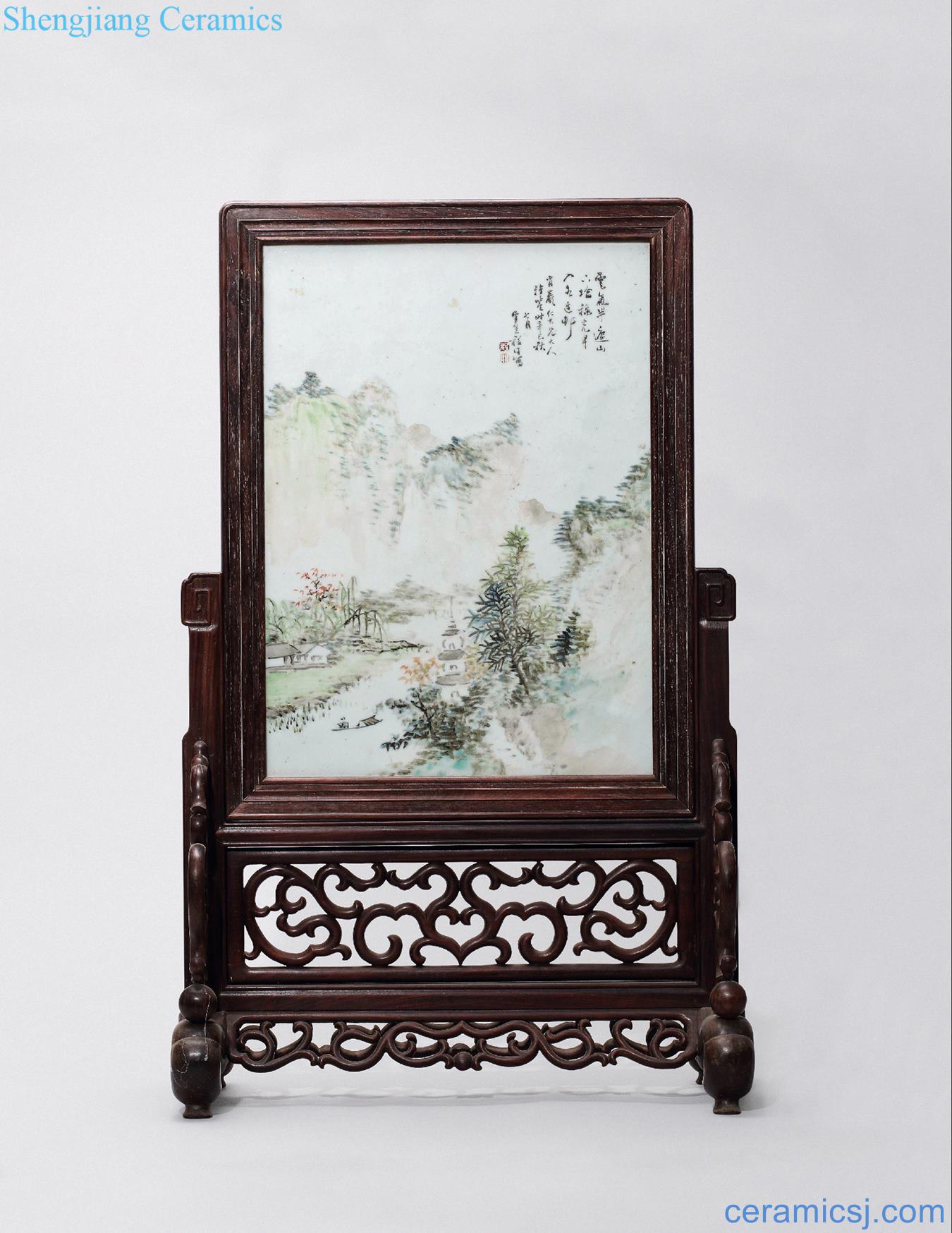 Qing guangxu seven years (1881) door light purple colour "water remote estate figure porcelain plate
