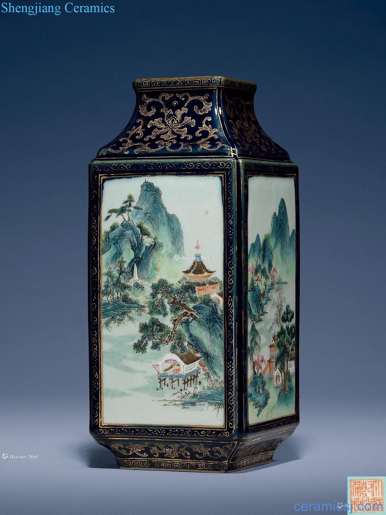 Qing qianlong blue colour medallion famille rose four seasons scenery figure to square bottles