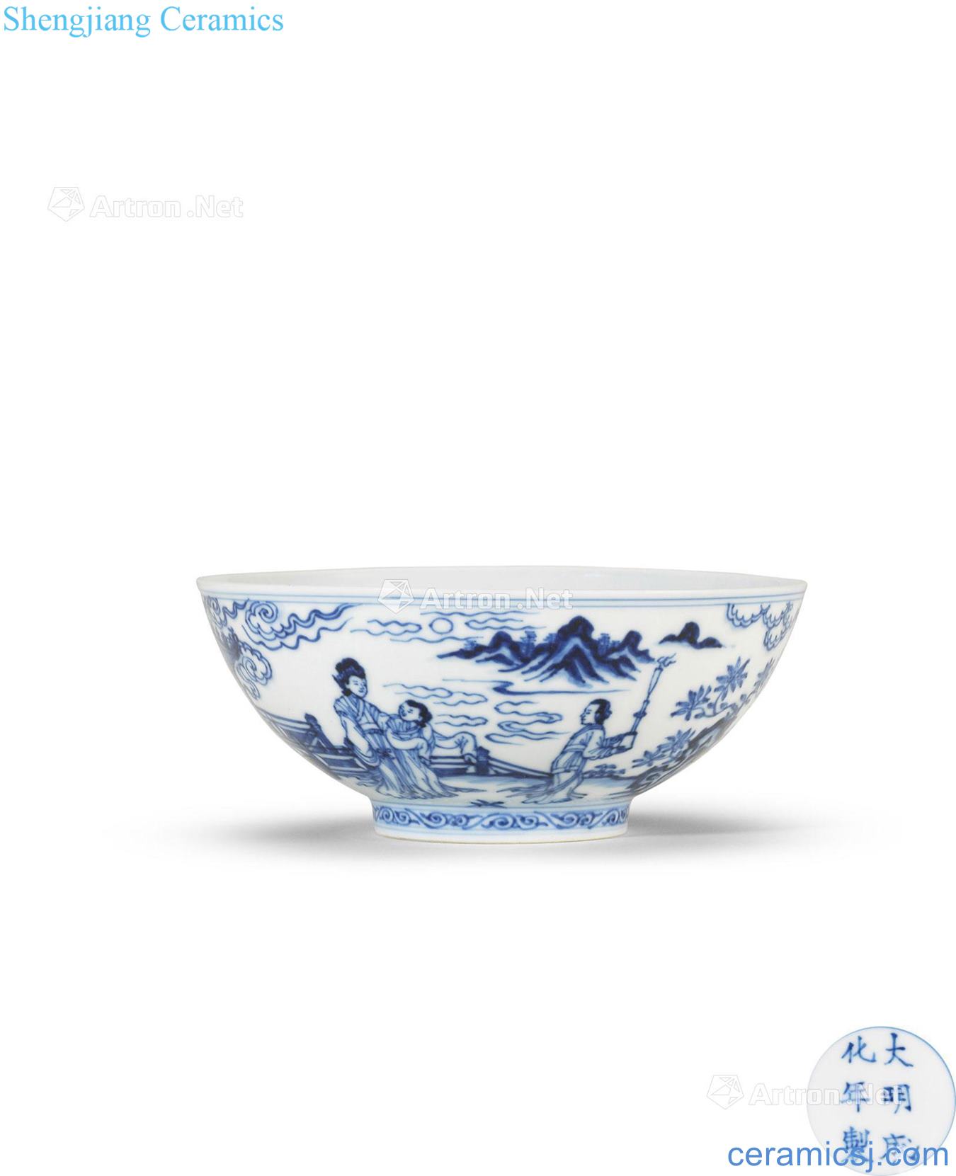 The qing emperor kangxi Blue and white figure bowl of traditional Chinese garden
