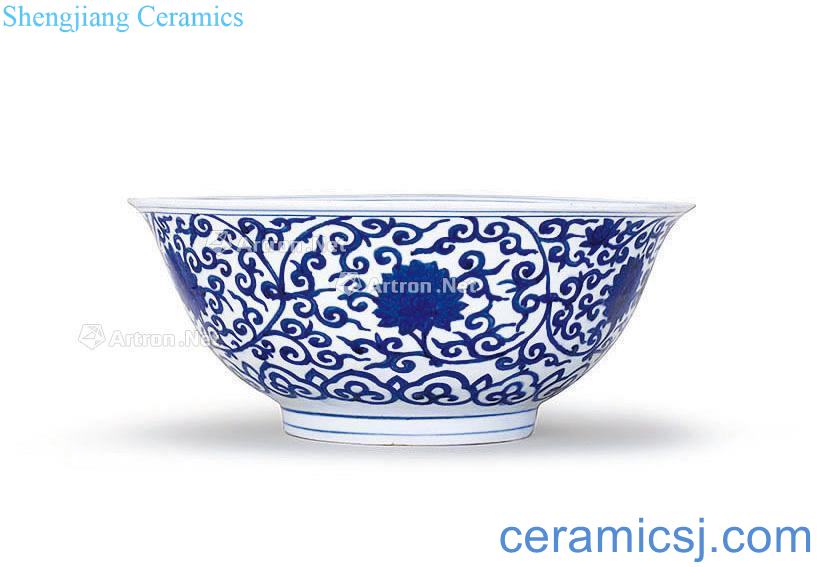 Ming Jiajing kiln Blue and white tie up sweet lotus pattern large bowl of college