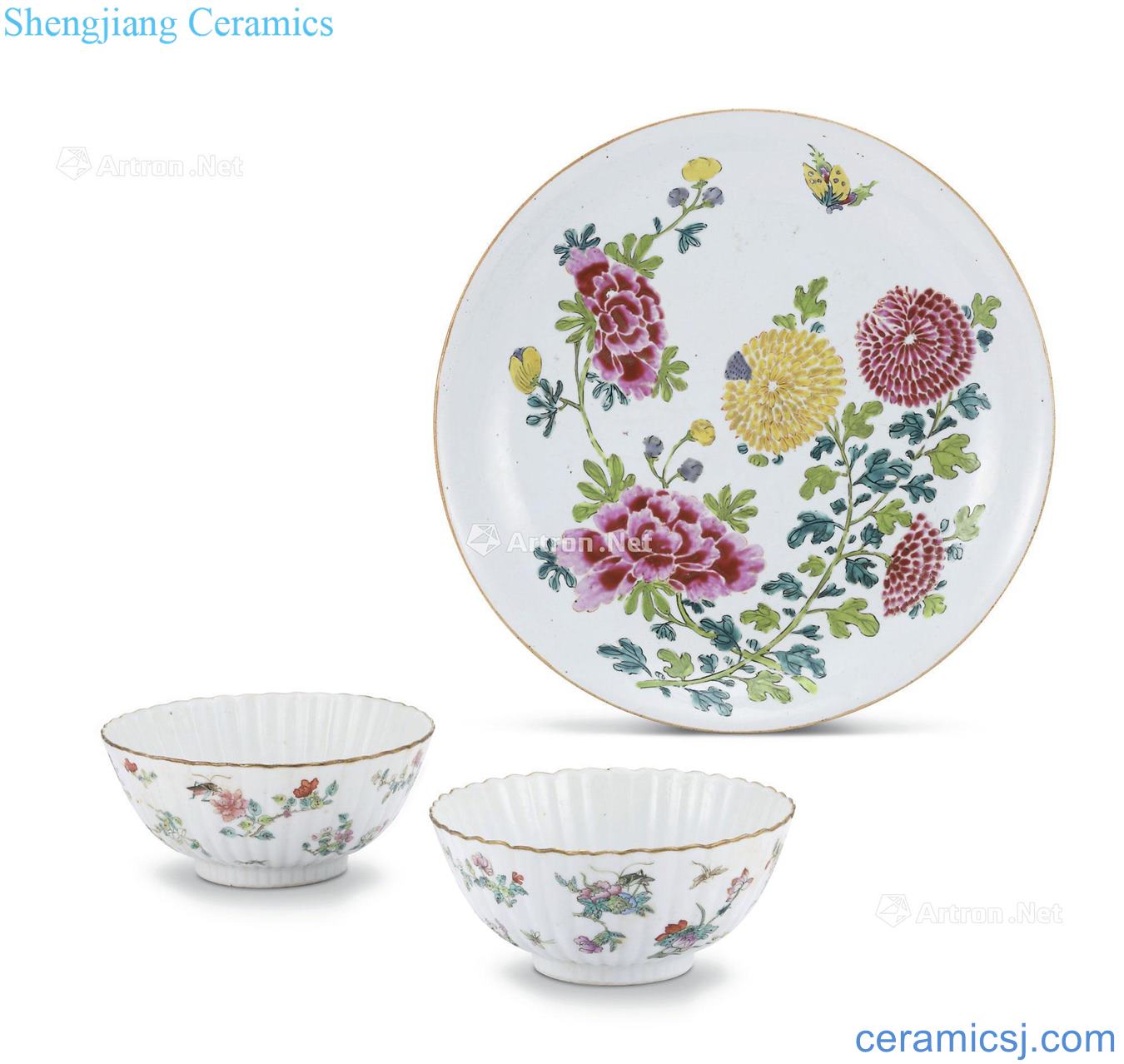 Clear light pastel flower grain chrysanthemum petals fold branch 盌 pair figure plate and the clear yong zheng famille rose flowers