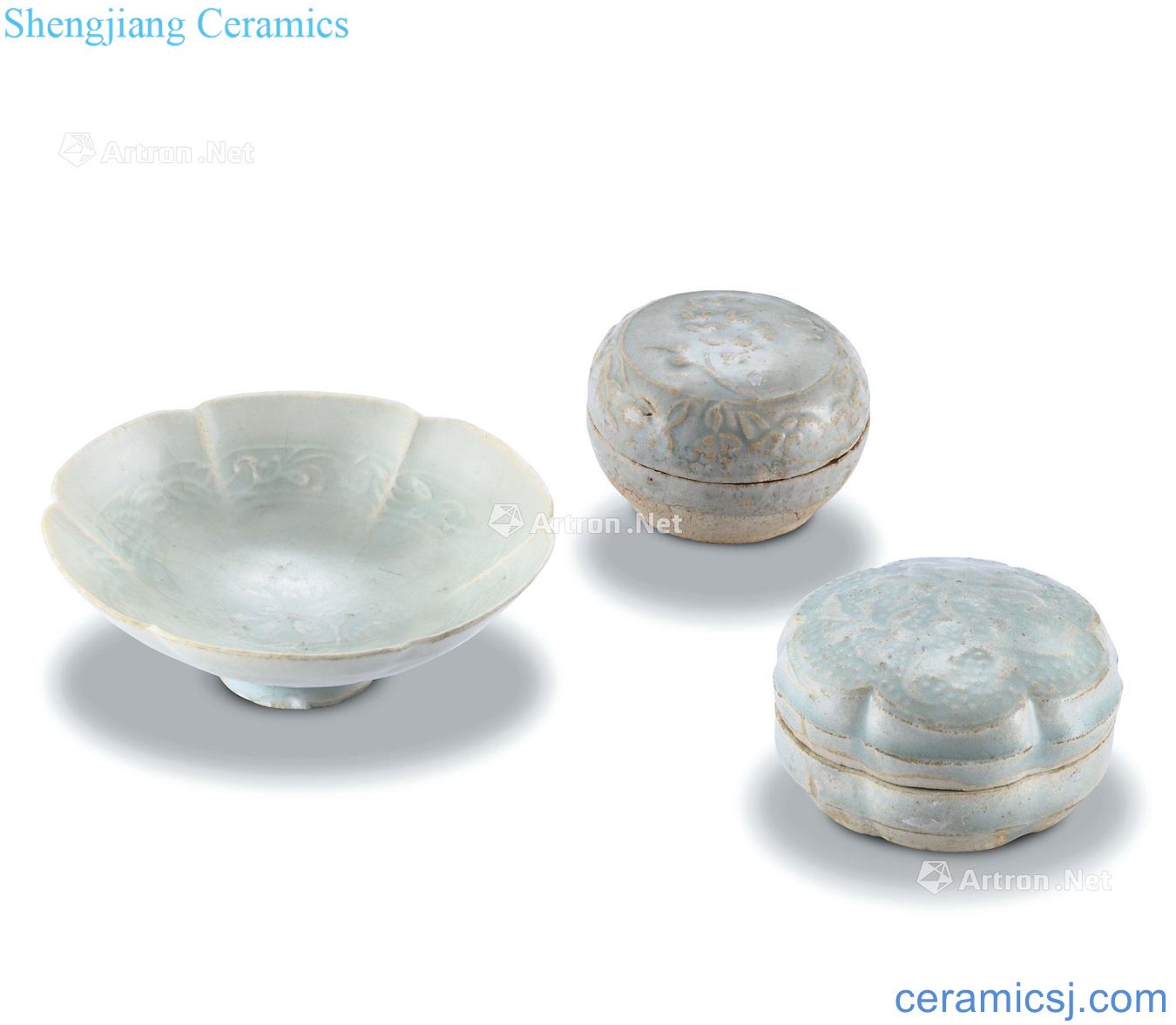 Song/yuan Green white glaze sunflower type cap 盌, flower grain small box and sunflower type powder compact