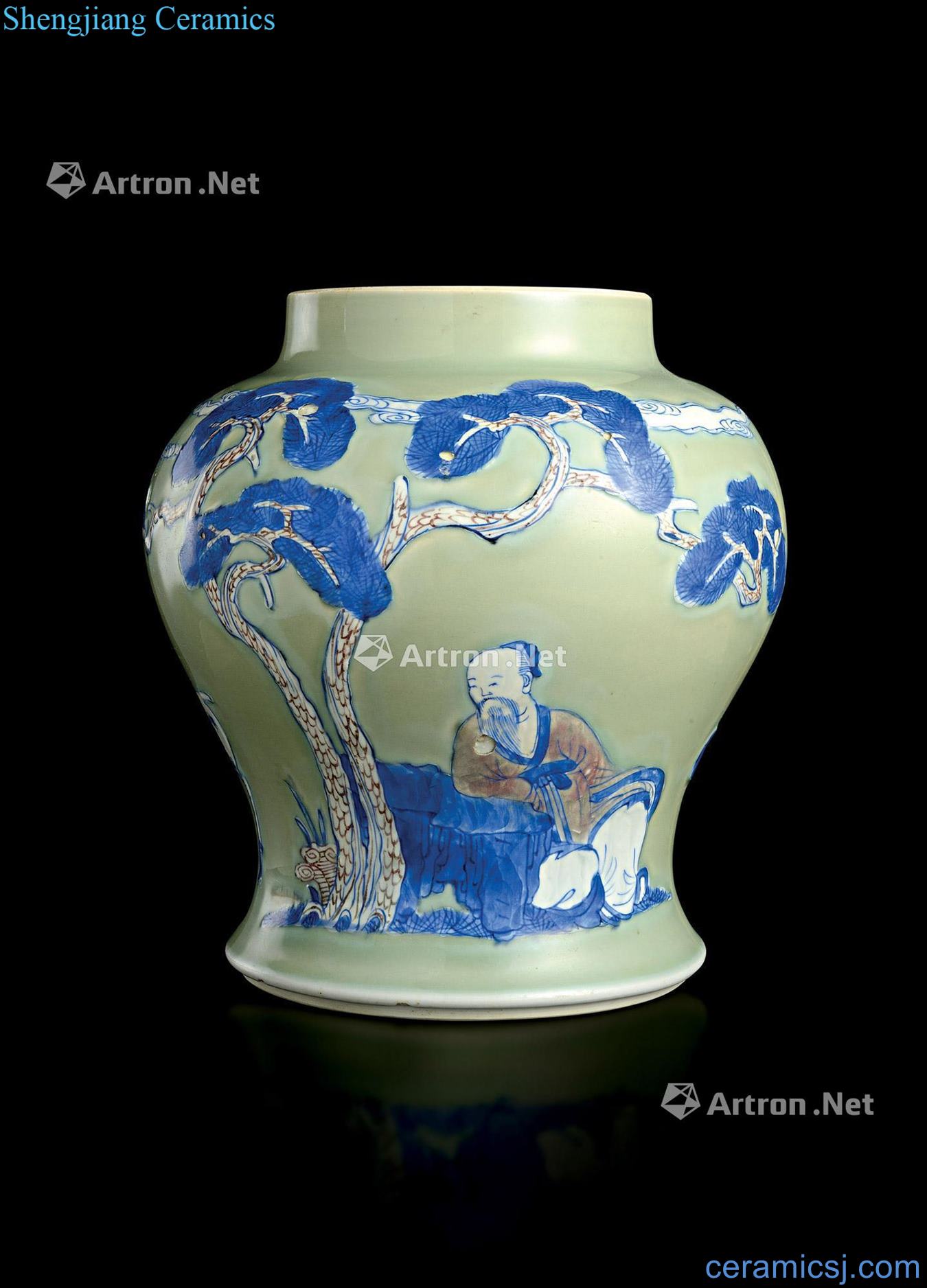 China, kangxi in the qing dynasty Pea green glaze of white blue youligong Korean pine under Gao Shiwen cans