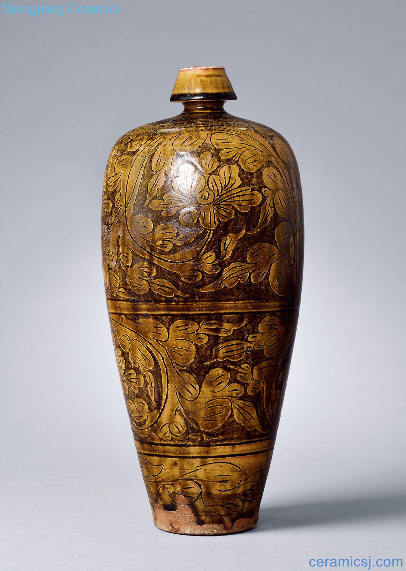 gold Brown glazed carved plum bottle