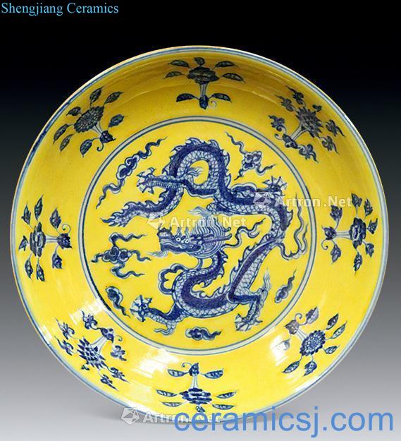 Yellow blue and white flower dragon plate around branches