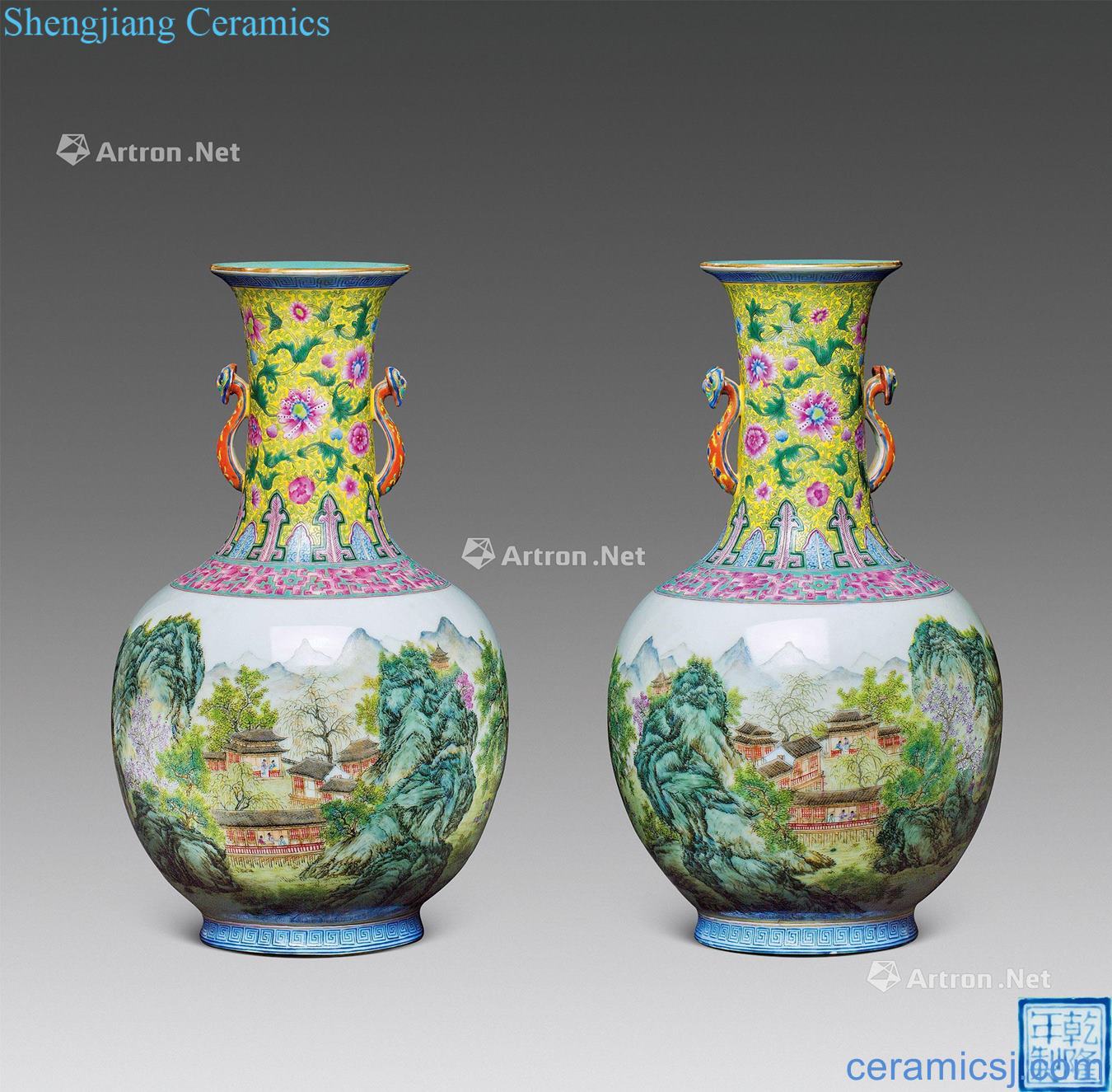 Qing qianlong pastel landscape pattern double luck ear vase (a)