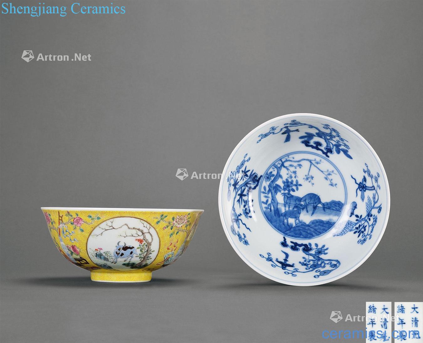 Blue and white outer rolling the yellow land in the reign of qing emperor guangxu pastel auspicious dressing medallion three Yang kaitai green-splashed bowls (a)
