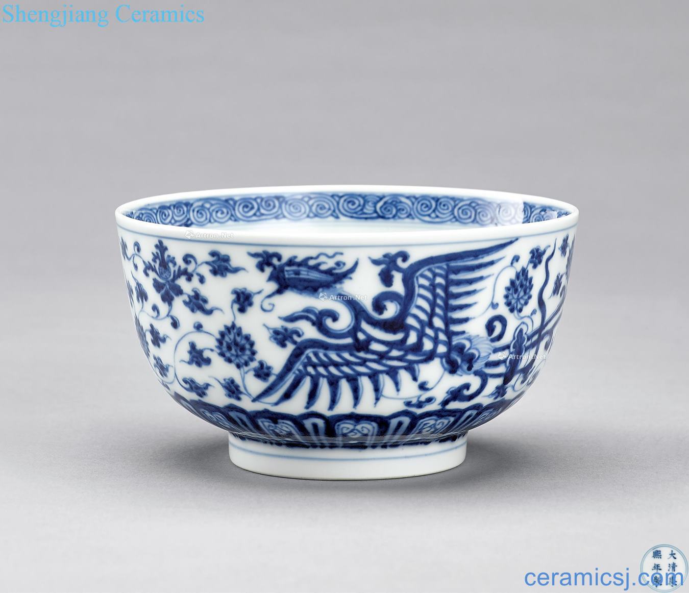 The qing emperor kangxi Blue and white double phoenix wear lotus flower grain pier bowl