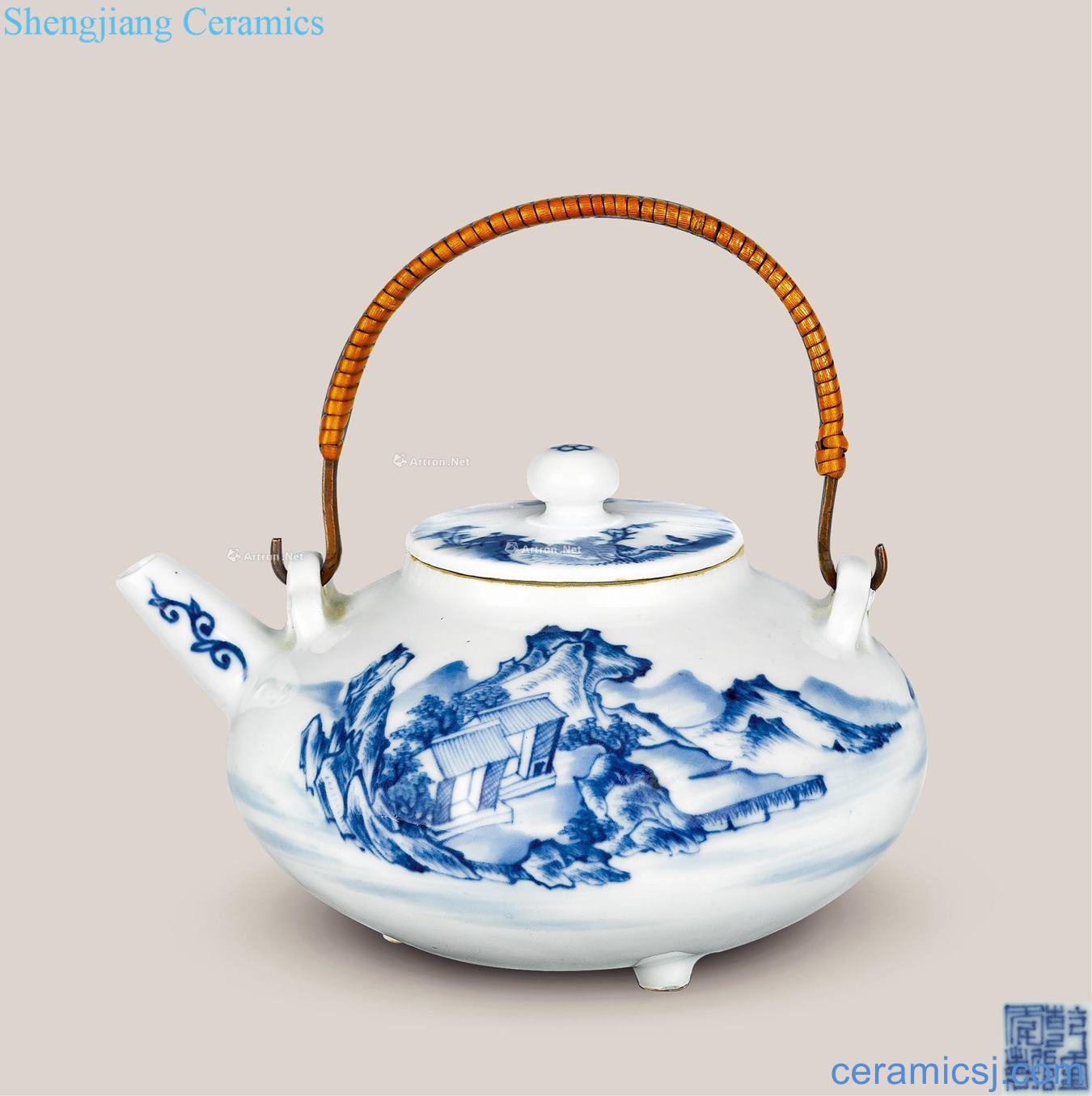 Qing qianlong Blue and white landscape three-legged pot