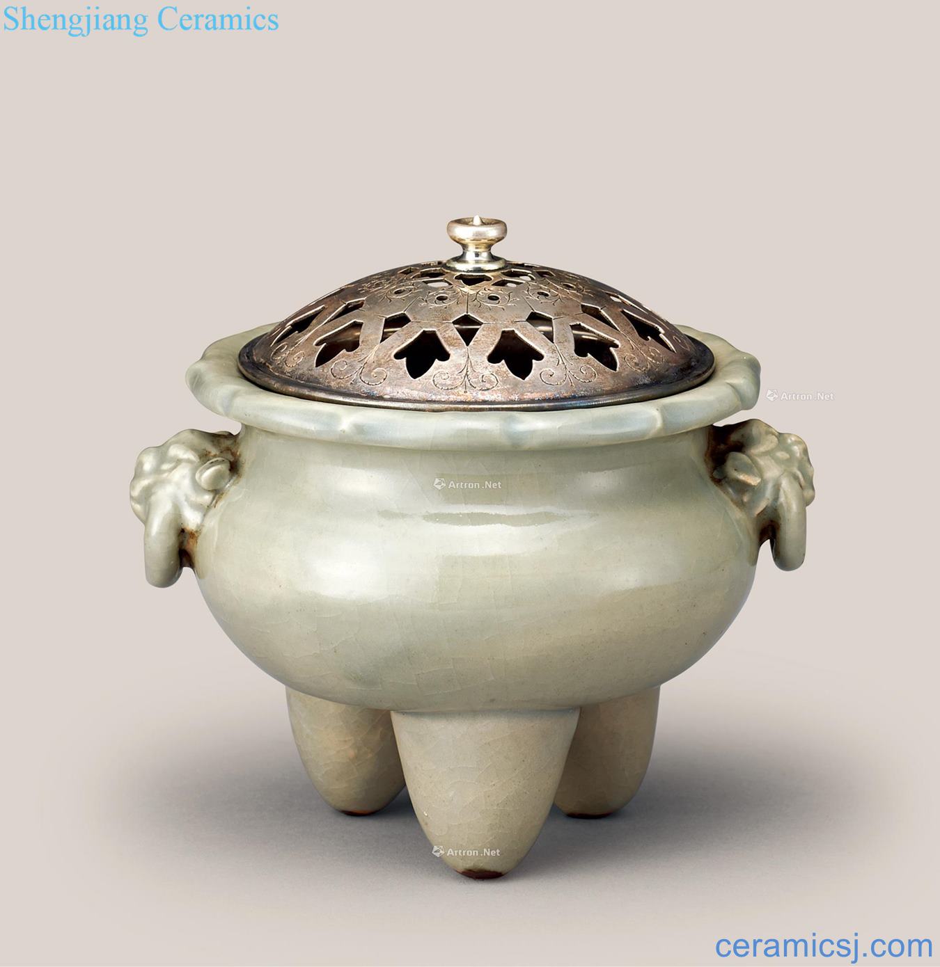 Ming Celadon beast ear three-legged incense burner