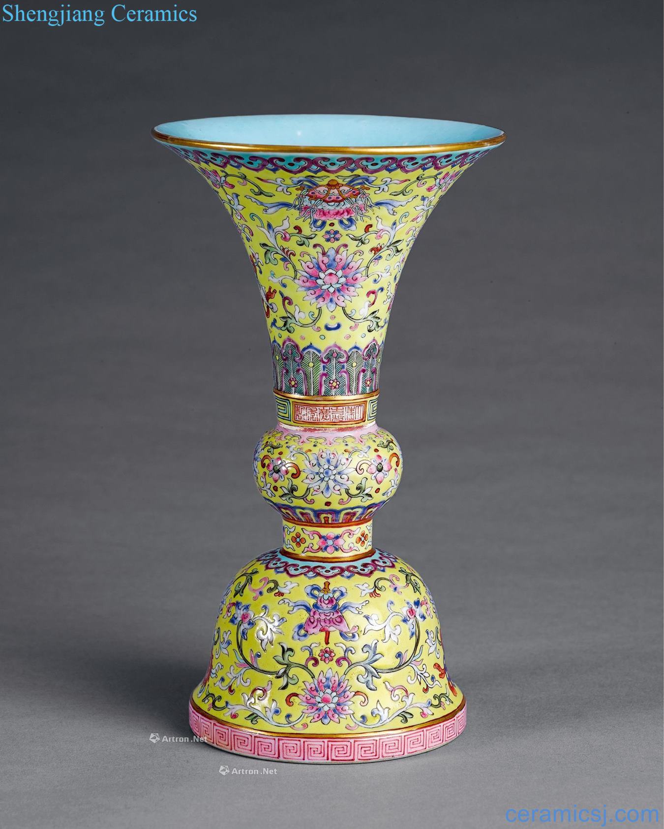 Qing jiaqing Yellow to eight auspicious pattern in lotus flower vase with pastel bound branches