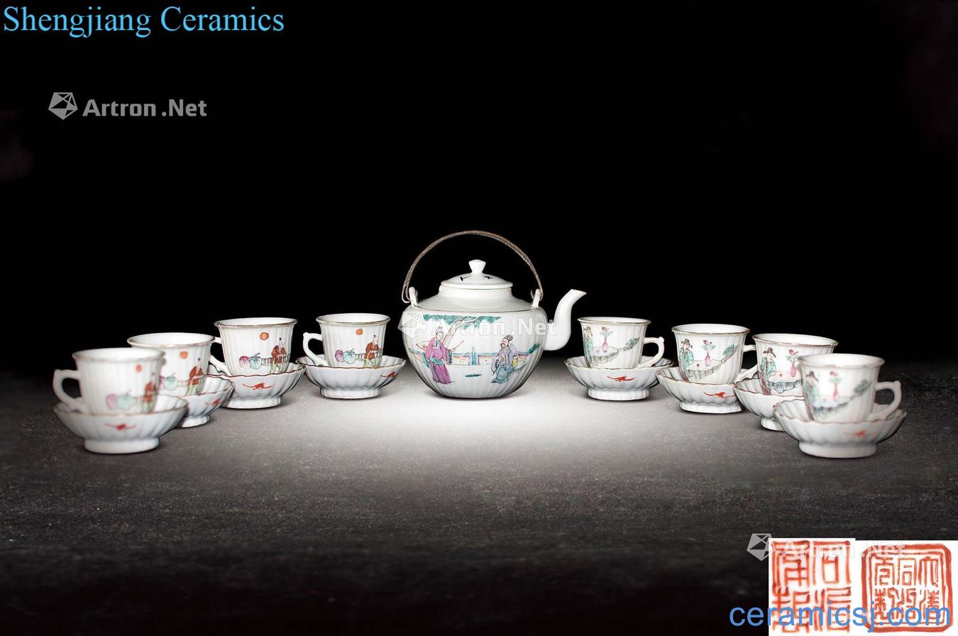 Dajing pastel characters grain tea set (a set of nine pieces)