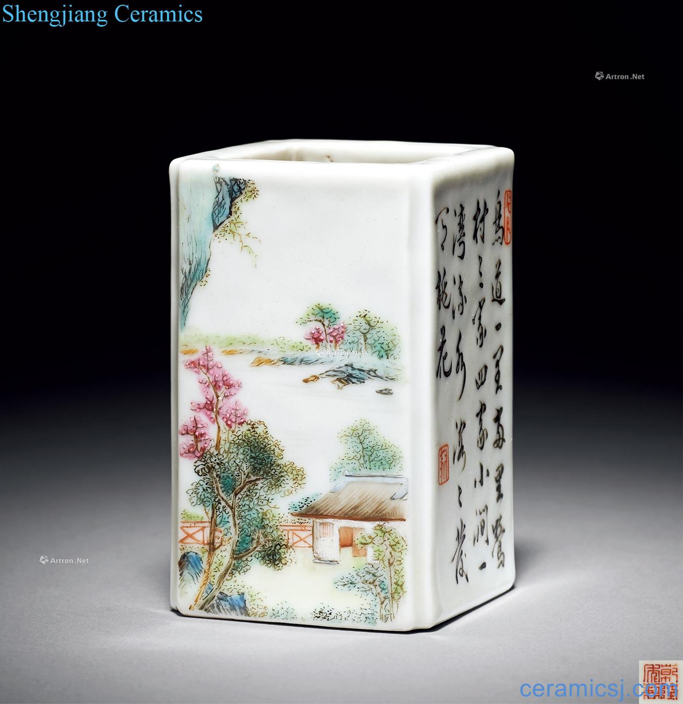 Qing qianlong pastel Wen Xiu scene poem sifang pen container b