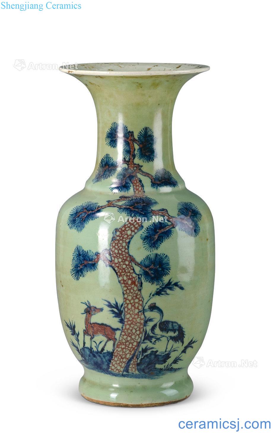 Qing qianlong pea green to blue and white youligong flamingos deer figure bottles with spring