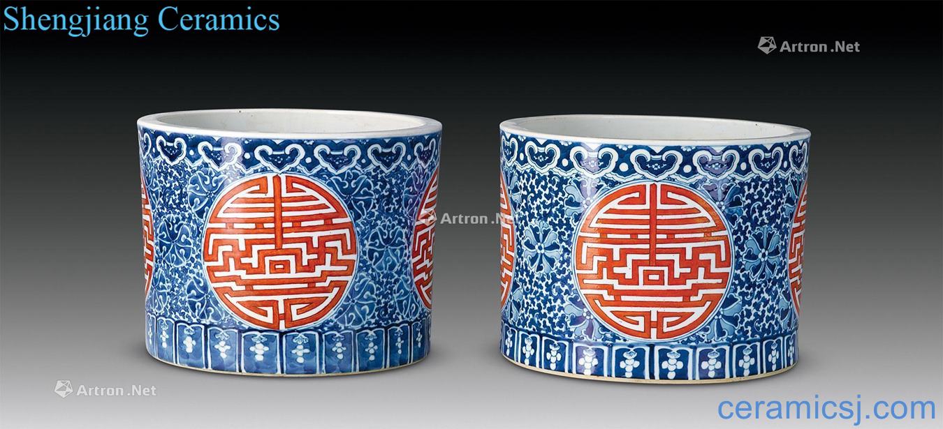 Qing guangxu Blue and white medallion alum red CaiTuan shou wen flowerpot