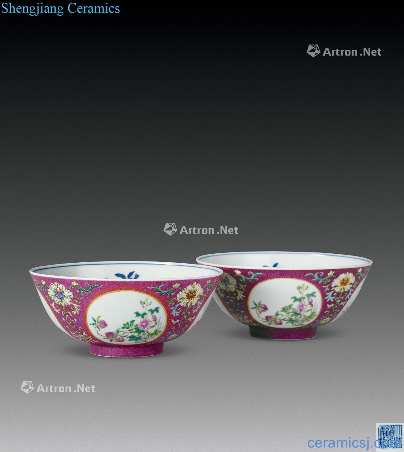 Qing daoguang Rouge purple ground rolling way medallion pastel flowers green-splashed bowls