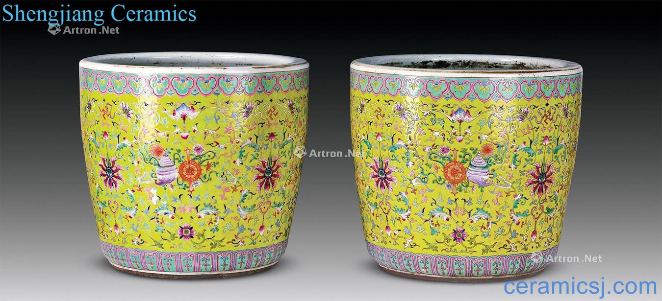 Qing guangxu Yellow powder enamel to eight auspicious flower grain flowerpot