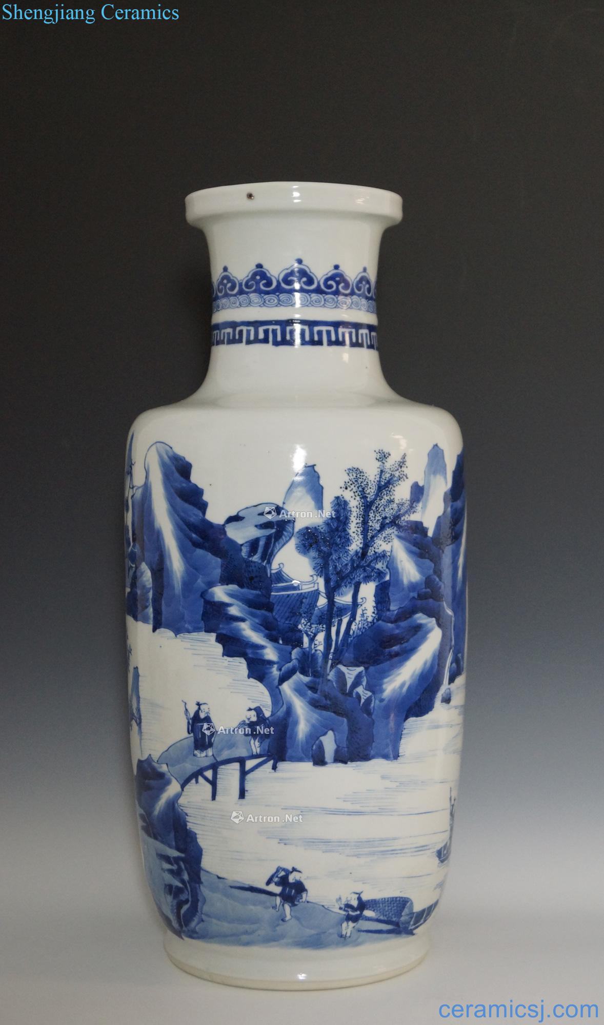 The qing emperor kangxi Blue and white landscape wooden stick