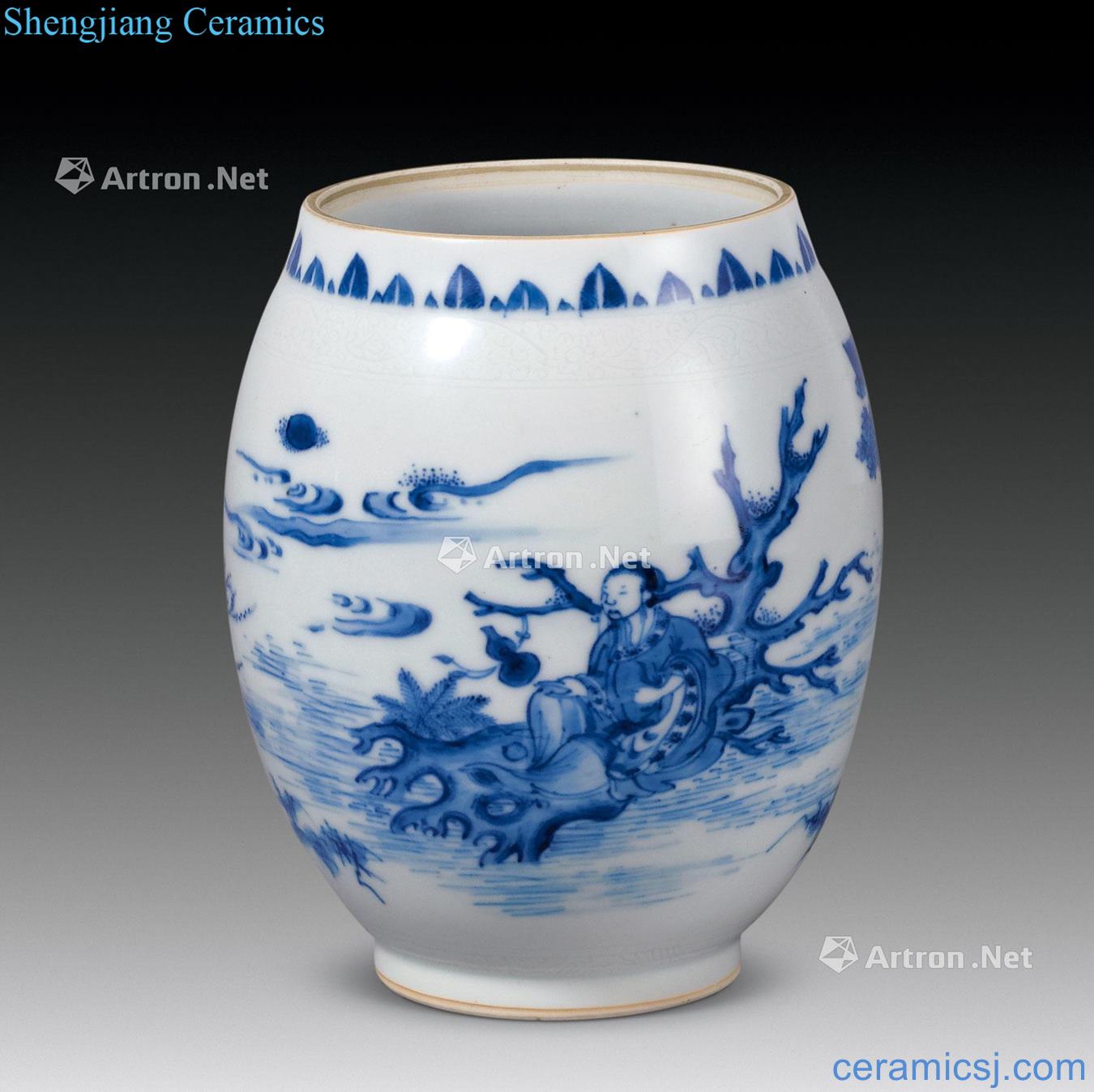 Ming chongzhen Blue and white Zhang Qiancheng if figure lotus seeds cans
