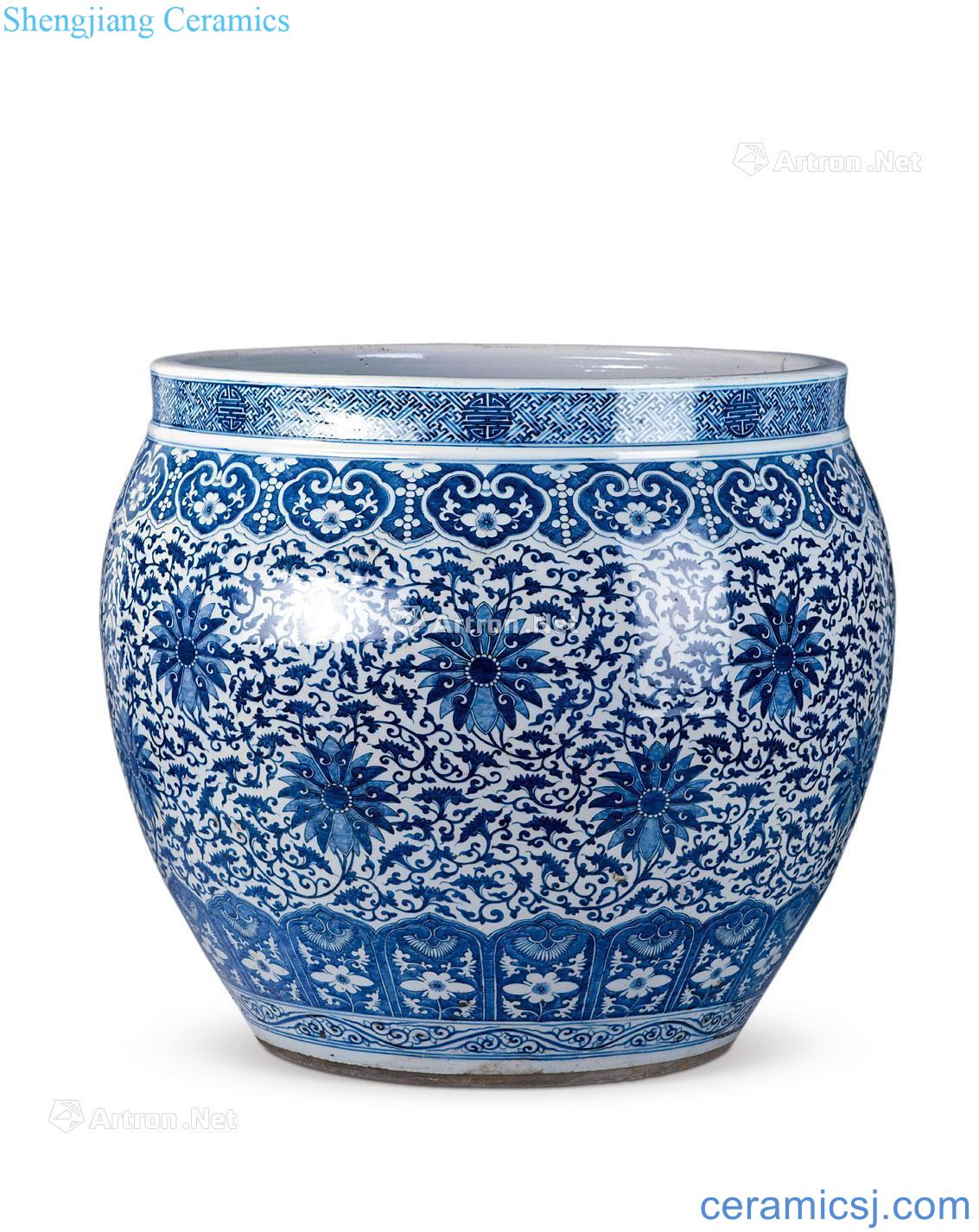 Qing guangxu Blue and white lotus flower print cylinder