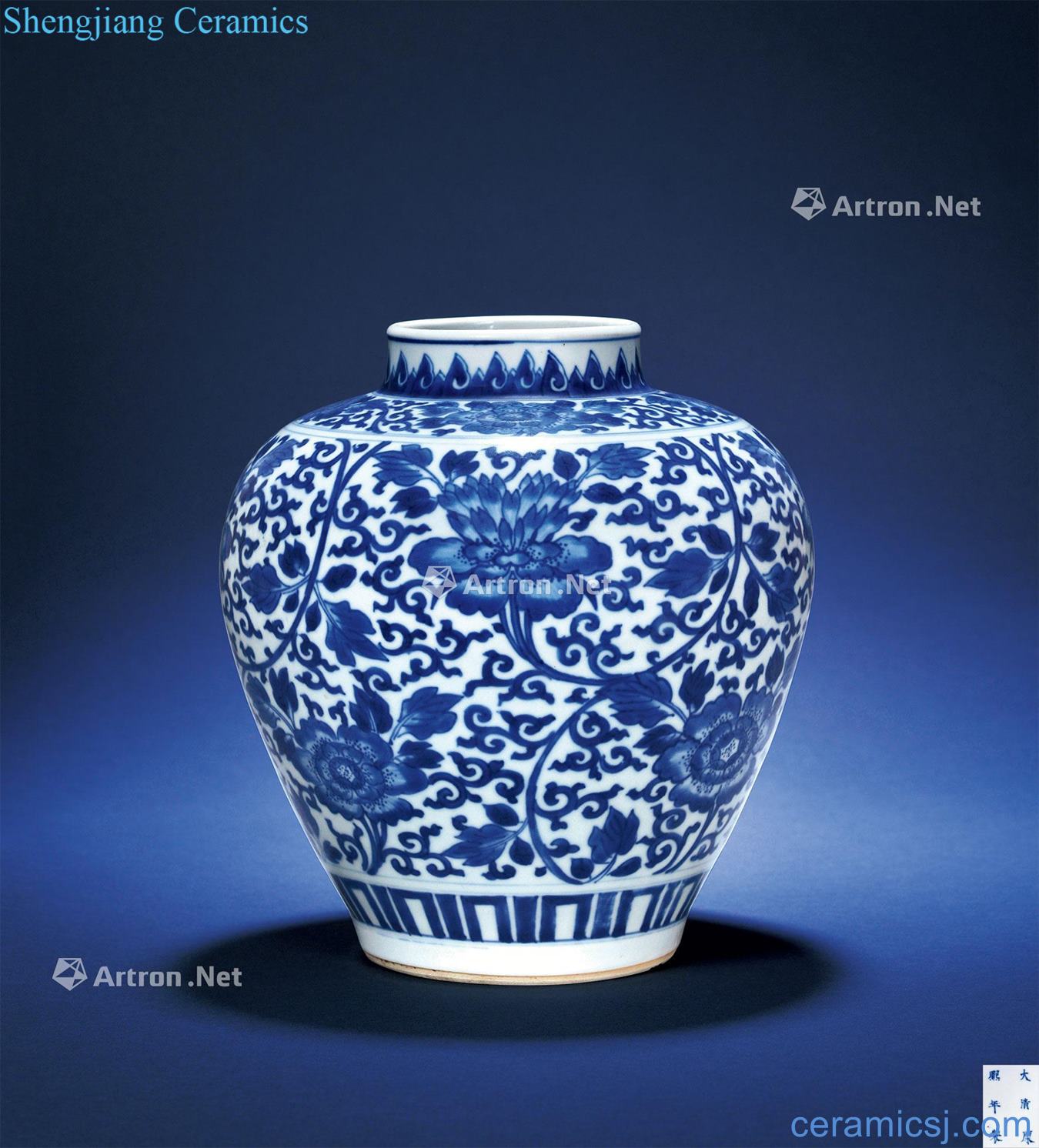 The qing emperor kangxi Blue and white tie up flower grain tank