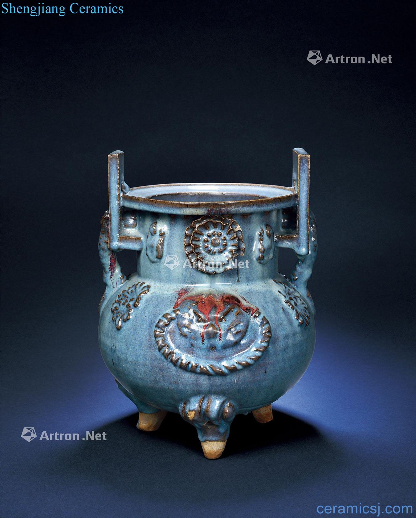 Yuan/Ming The azure glaze masterpieces with purple applique beast grain furnace with three legs