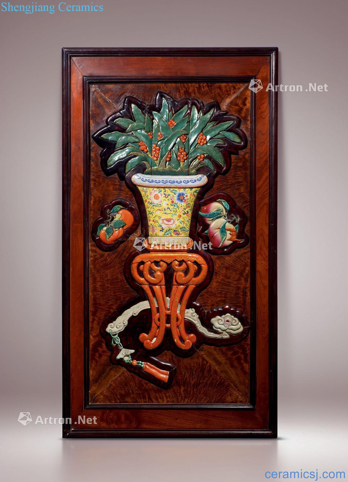 In late qing dynasty Hardwood embedded famille rose porcelain "all the best", "live miles" figure wall hanging basket type