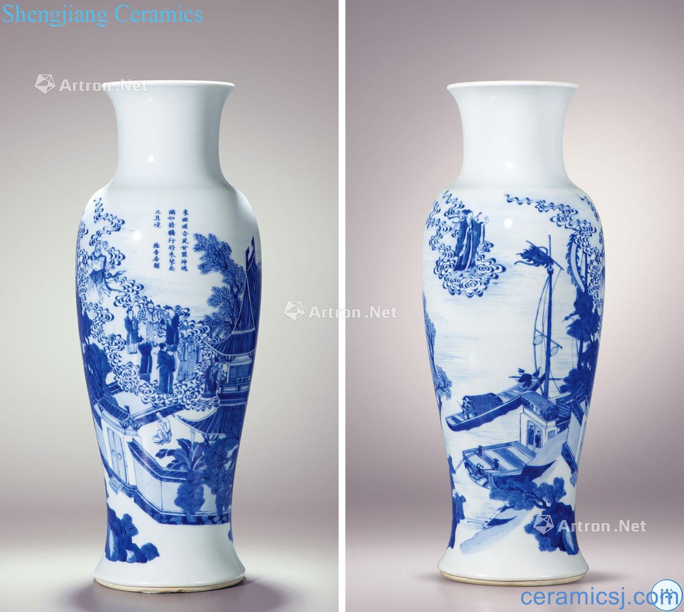 The qing emperor kangxi Blue and white yueyang tower story figure goddess of mercy bottle