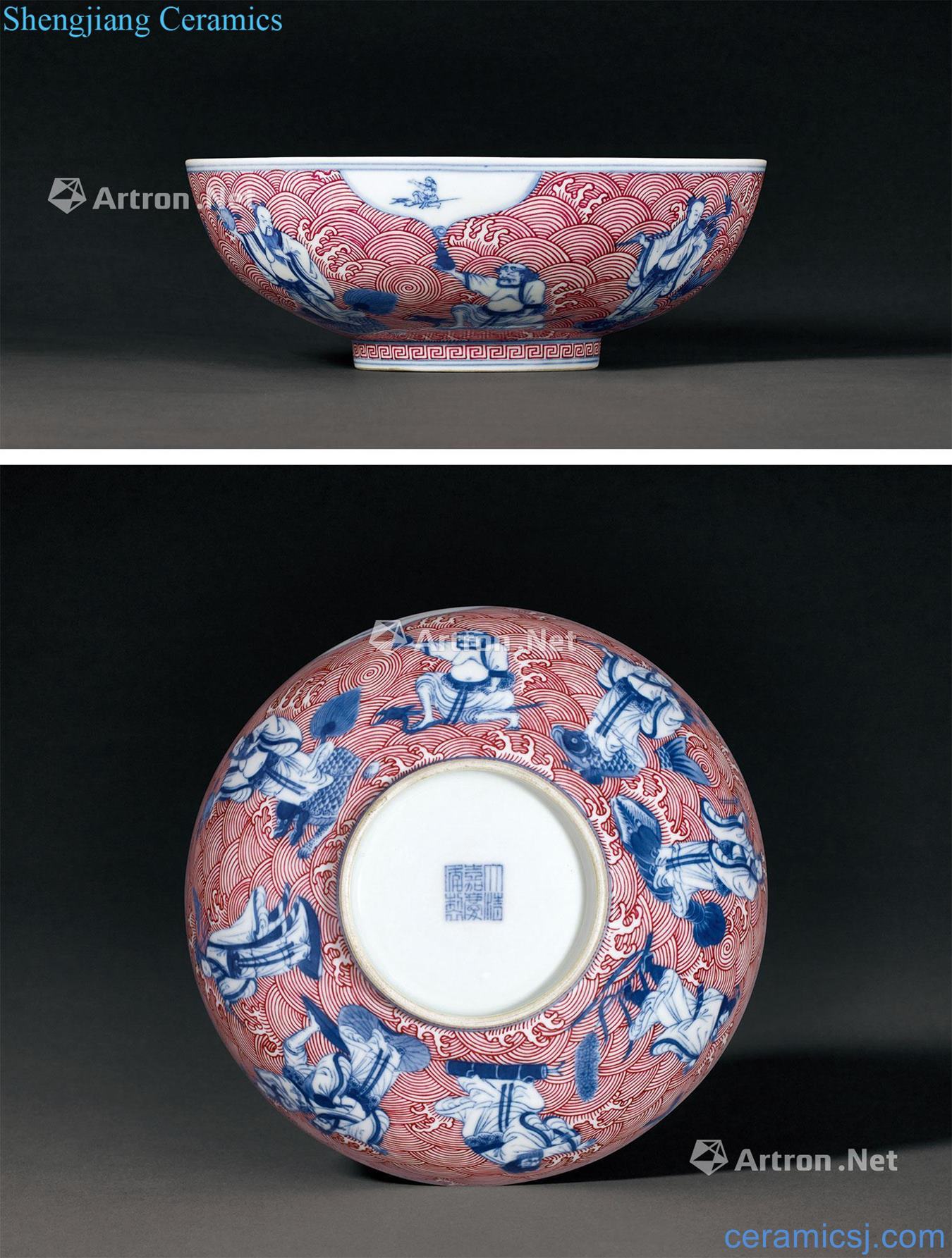 Qing jiaqing Blue and white carmine eight immortals birthday chart large bowl