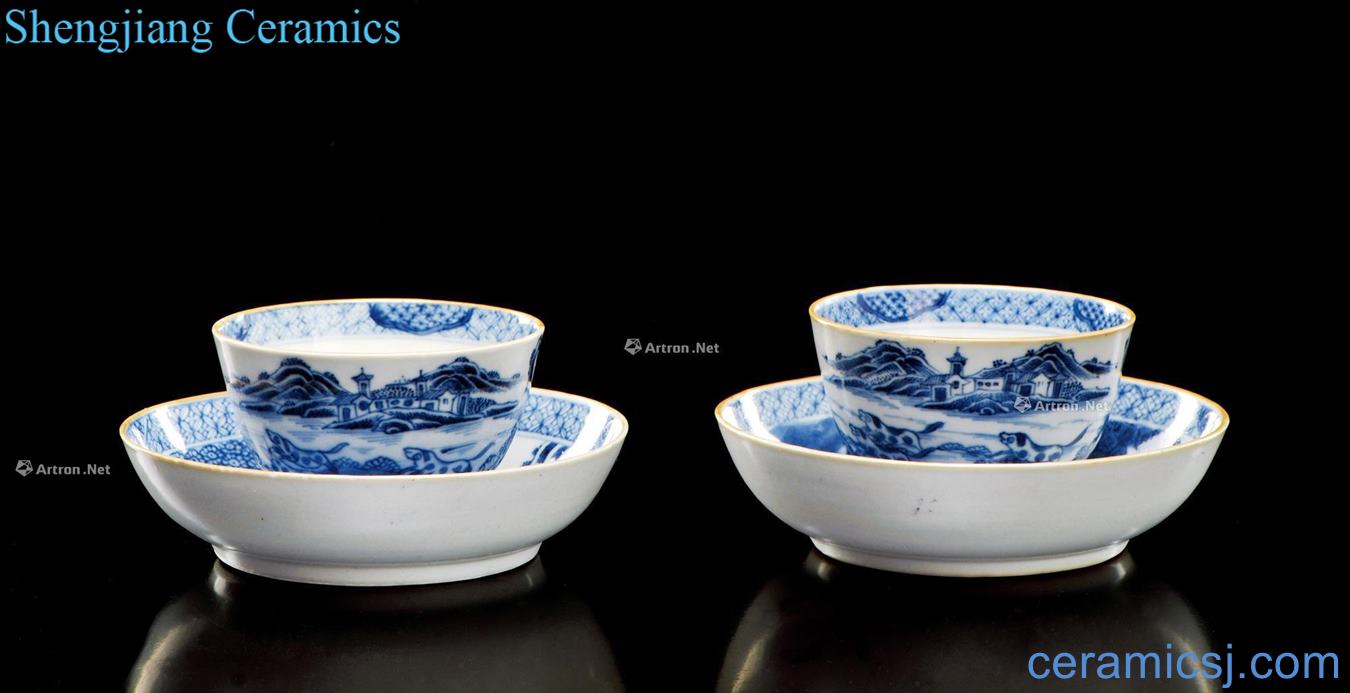 In the early qing Blue and white landscape hound figure cup holder (two sets)