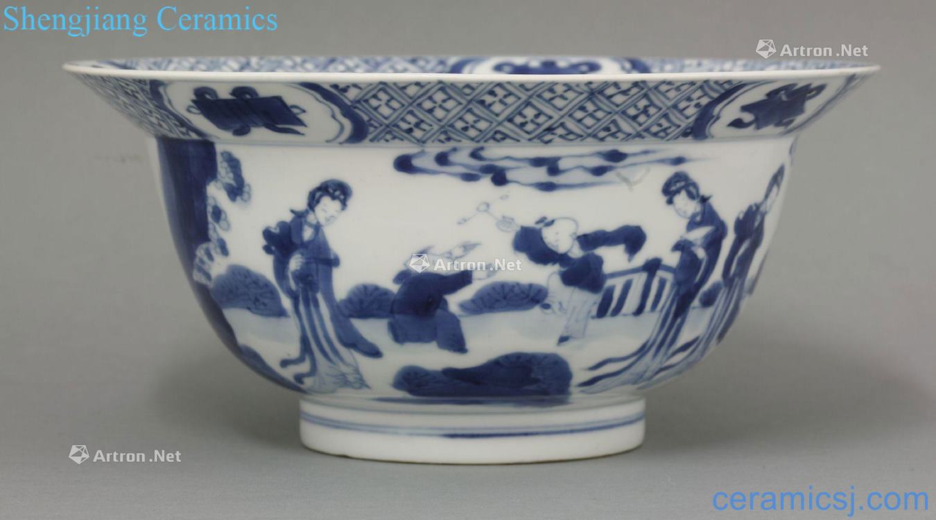 The qing emperor kangxi Blue and white ladies figure baby play mouth bowl