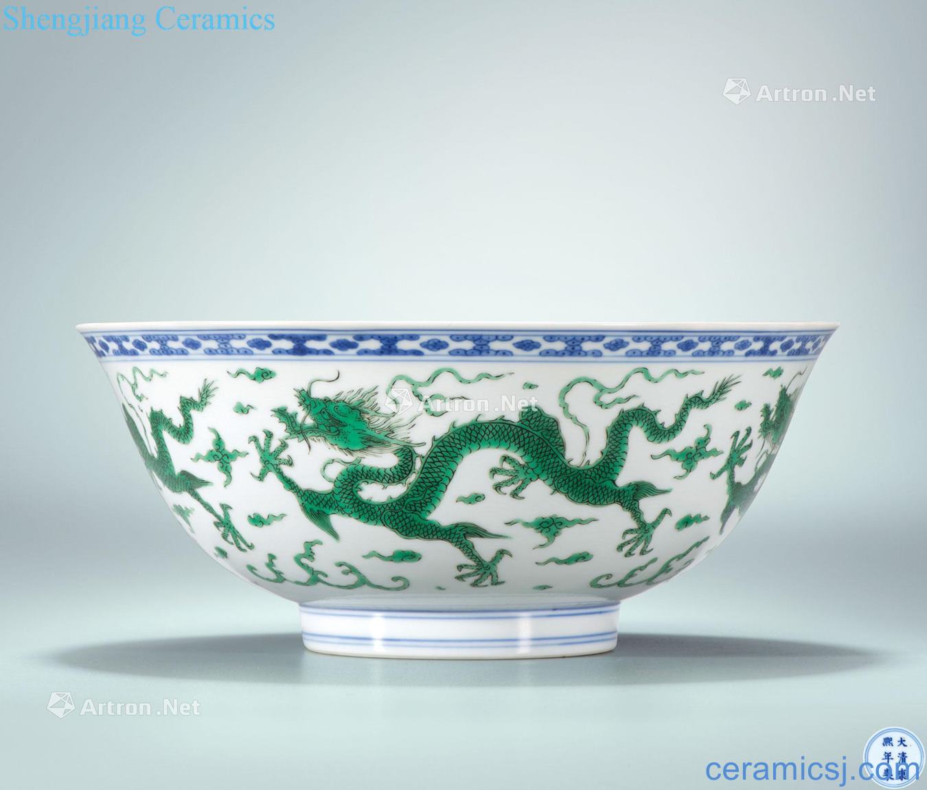 The qing emperor kangxi Dark blue and white carved green color YunLongWen hill sea water bowl