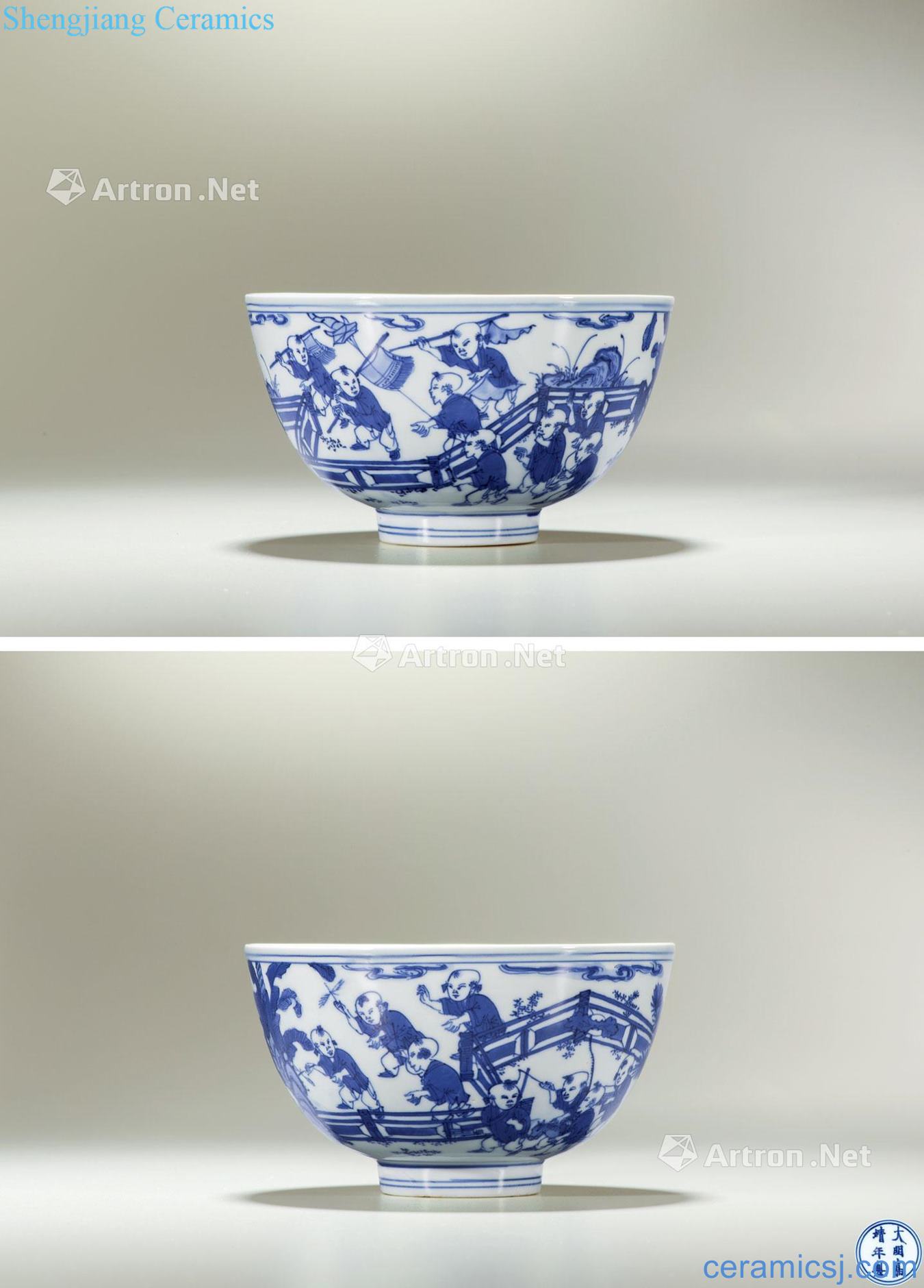 Ming jiajing blue courtyard figure baby play bowls