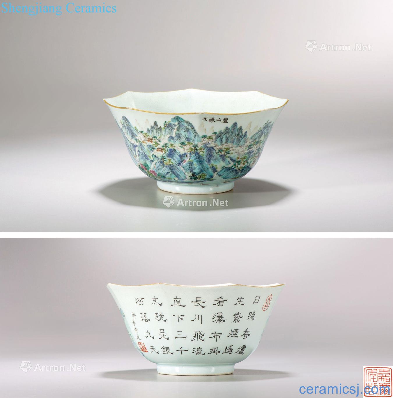 Qing jiaqing pastel lushan waterfall figure kwai bowl