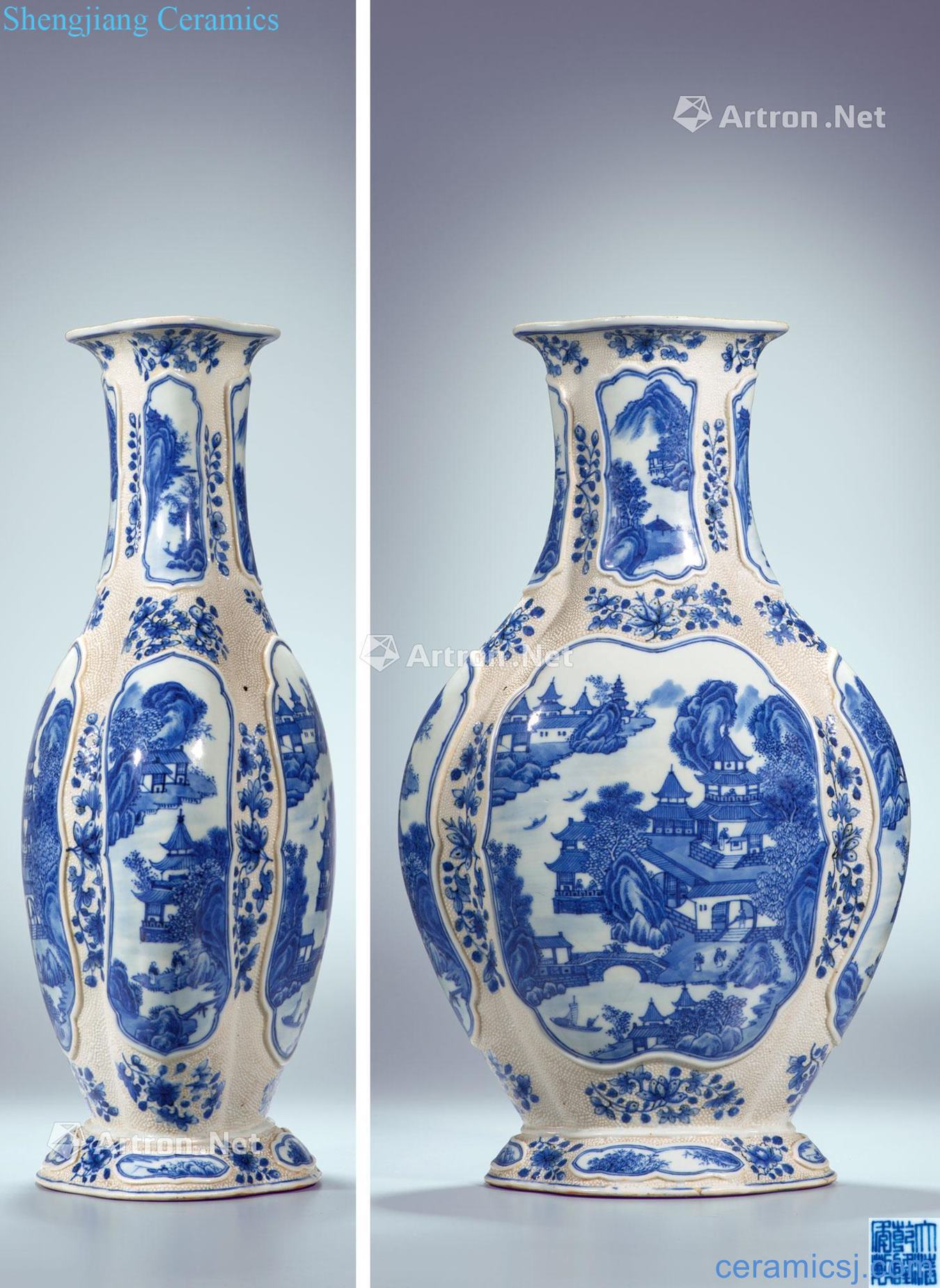 Mid qing Blue and white pearl glaze to relief medallion landscape character lines hitom bottles