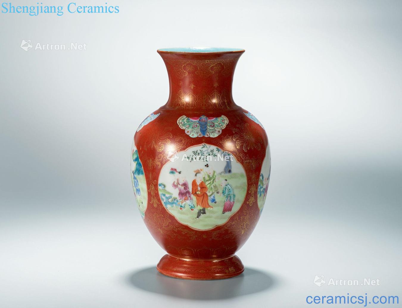 Qing qianlong coral red paint powder enamel medallion YingXiWen bottles