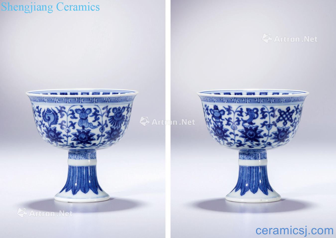 Qing yongzheng Blue and white lotus flower eight auspicious grain footed cup