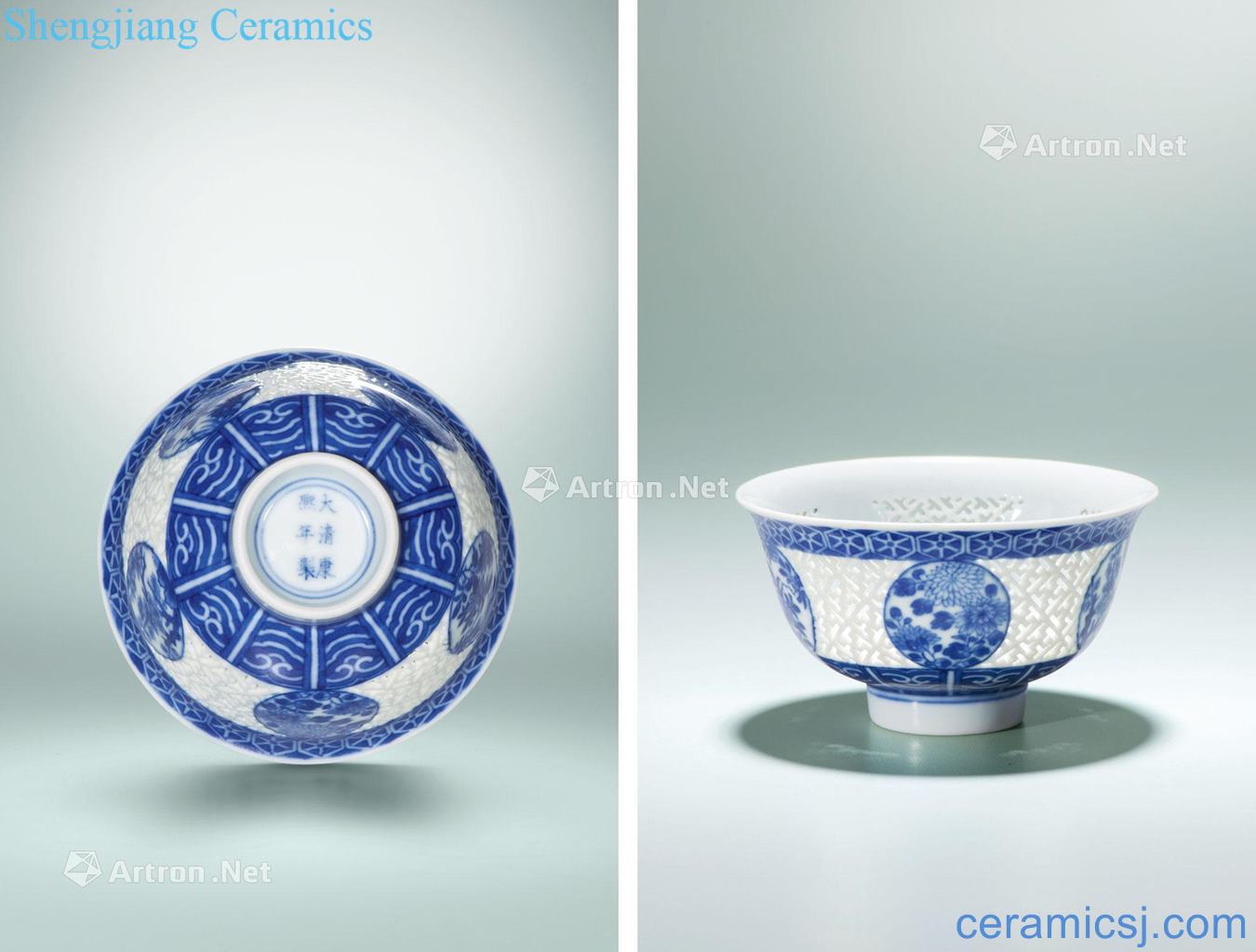 Blue and white hollow out of the reign of emperor kangxi medallion flower word lines and exquisite dishes
