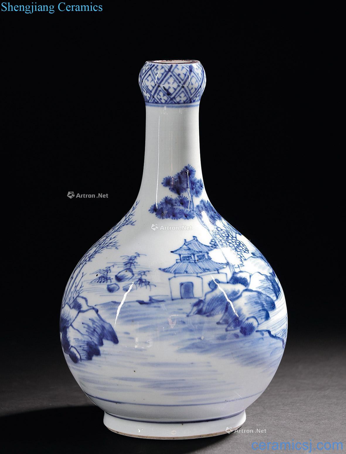 The qing emperor kangxi Blue and white landscape pattern garlic bottles
