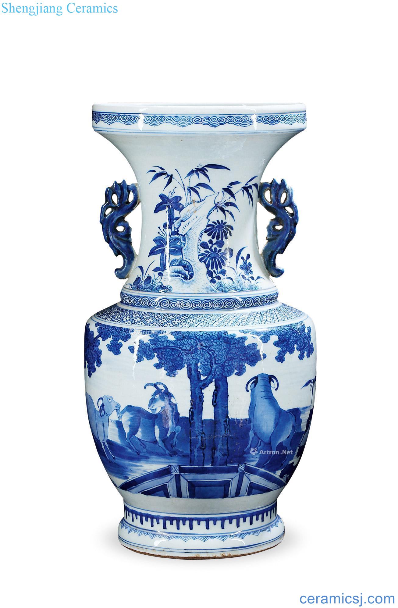 Mid qing Blue and white three Yang kaitai double ears