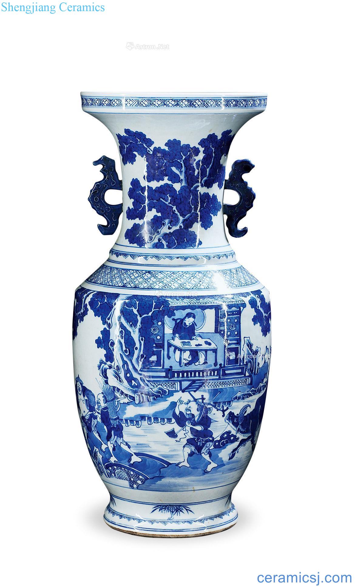 Mid qing Blue and white the fishing qiao geng read double ears